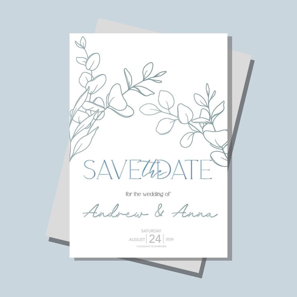 Monochrome Line Art Eucalyptus. Eucayptus Wedding Invitation template, Outline Eucalyptus Minimalist Wedding Design, Greenery Wedding invite template vector