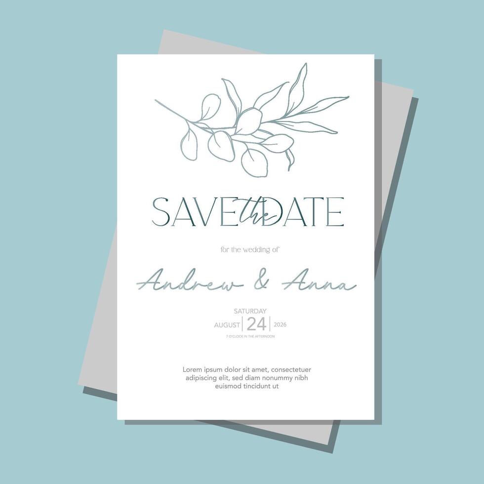 Eucalyptus Graphics. Eucayptus Wedding Invitation template, Outline Eucalyptus Minimalist Wedding Design, Greenery Wedding invite template vector