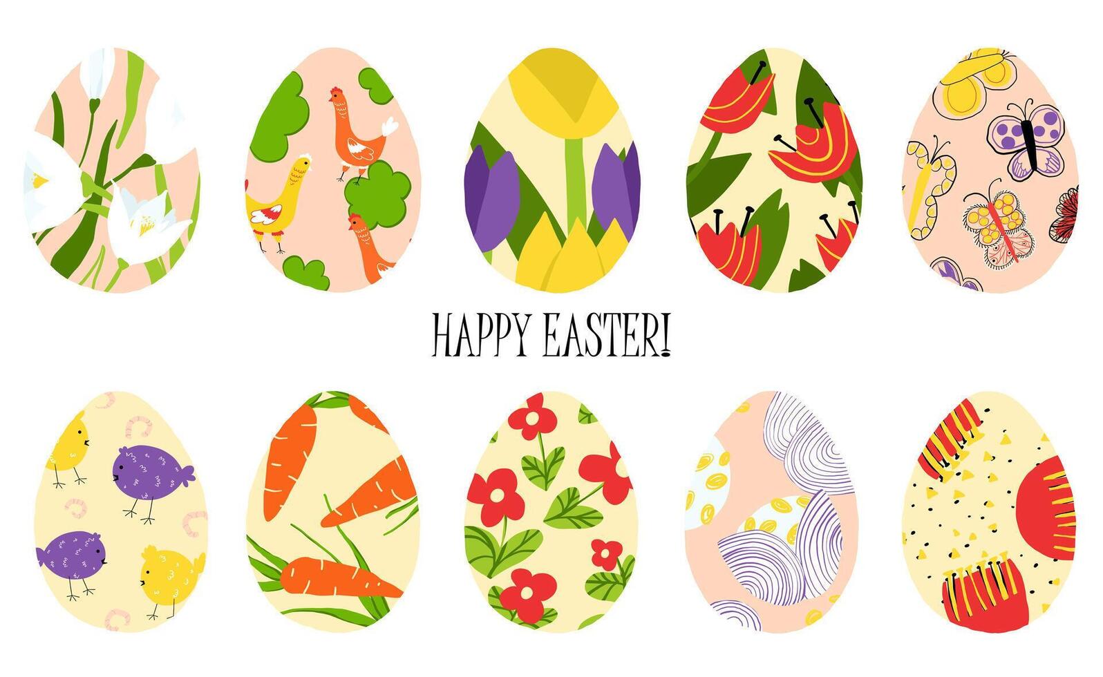 Set of hand drawn easter egg clipart. Set of colorful decorated easter eggs with flowers, carrots, chickens, butterflies, geometric and seasonal patterns. Flat illustration style. Easter celebration vector