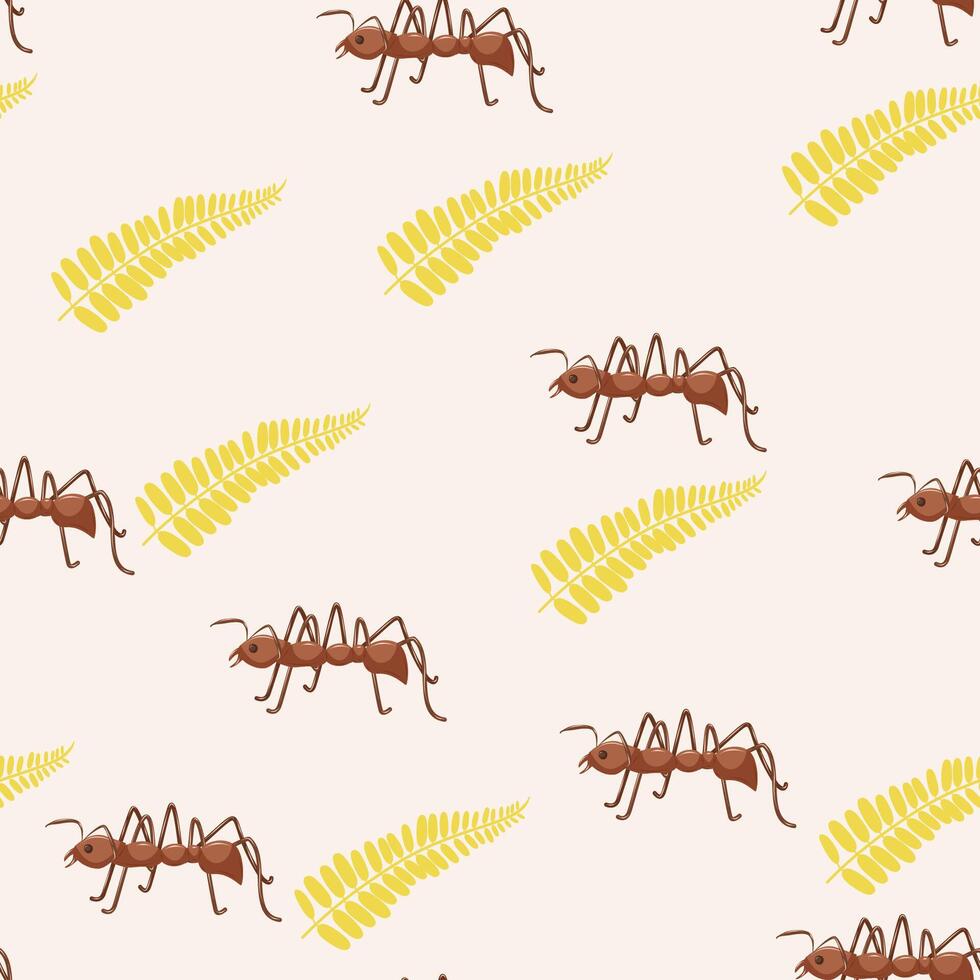 Cute children animal seamless pattern with ants and leaves on a light background. Insects in nature. vector