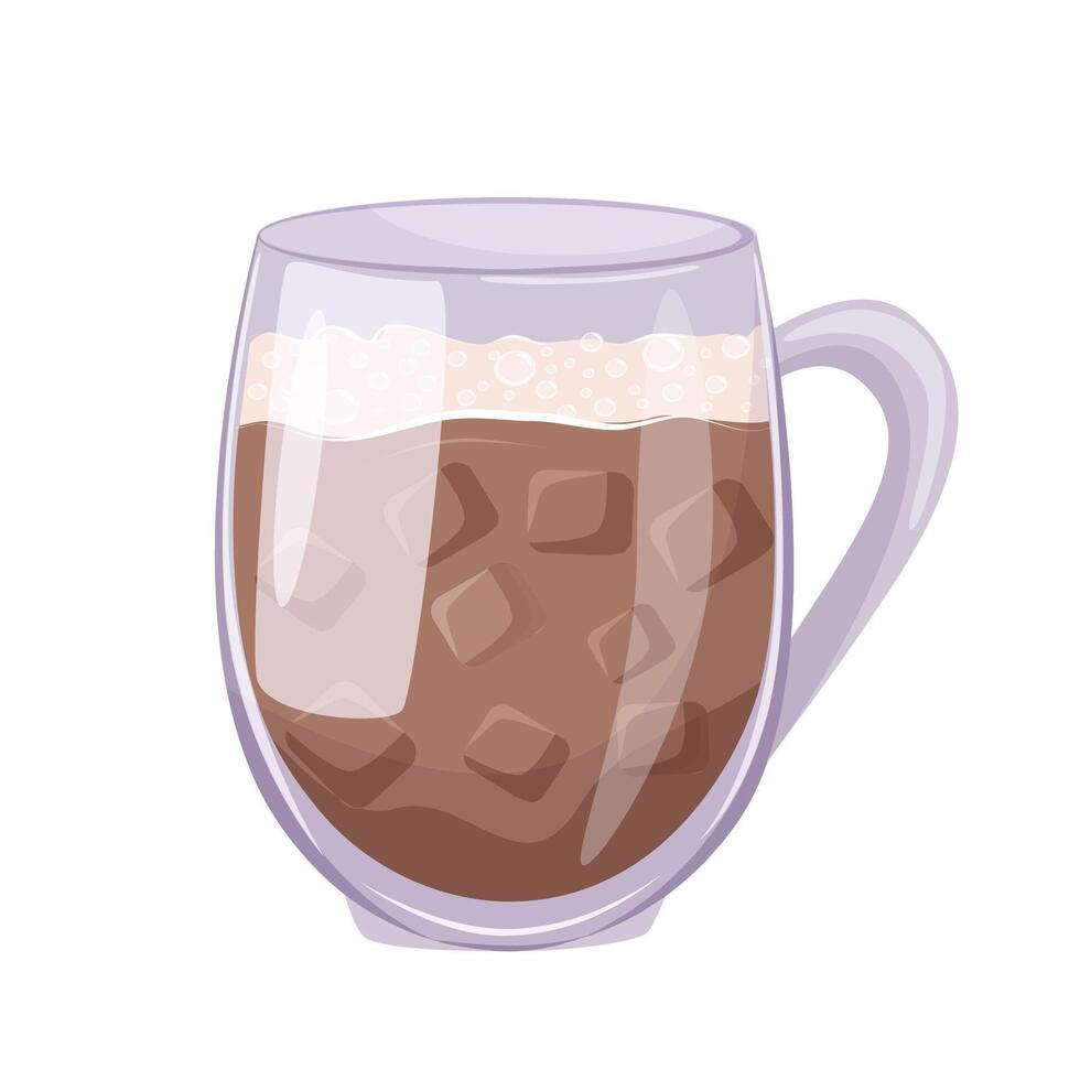 Iced cappuccino with milk foam in a transparent glass mug on a white background. Cup of cold coffee. Isolated illustration. vector