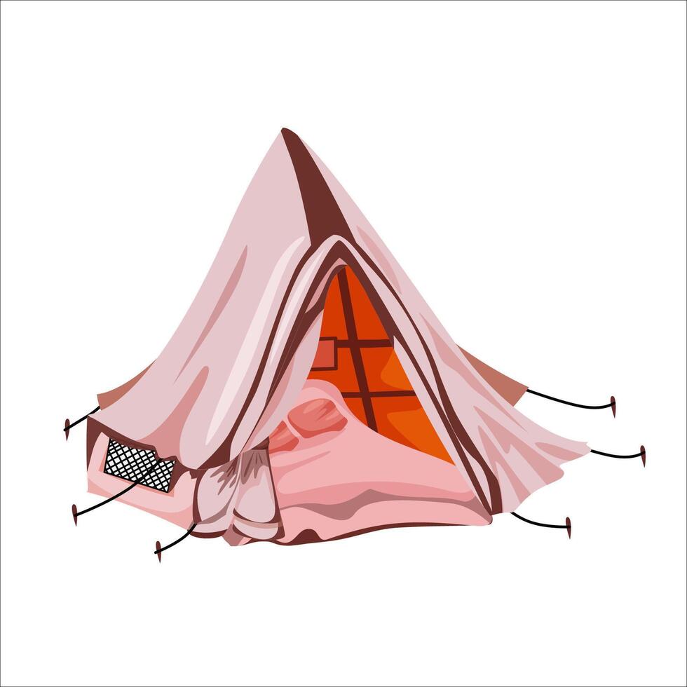 Pink retro tent for camping and picnics in nature. Spring and summer tourism in warm season. Soft mattress with pillows. Glamping. Isolated illustration on white background. vector
