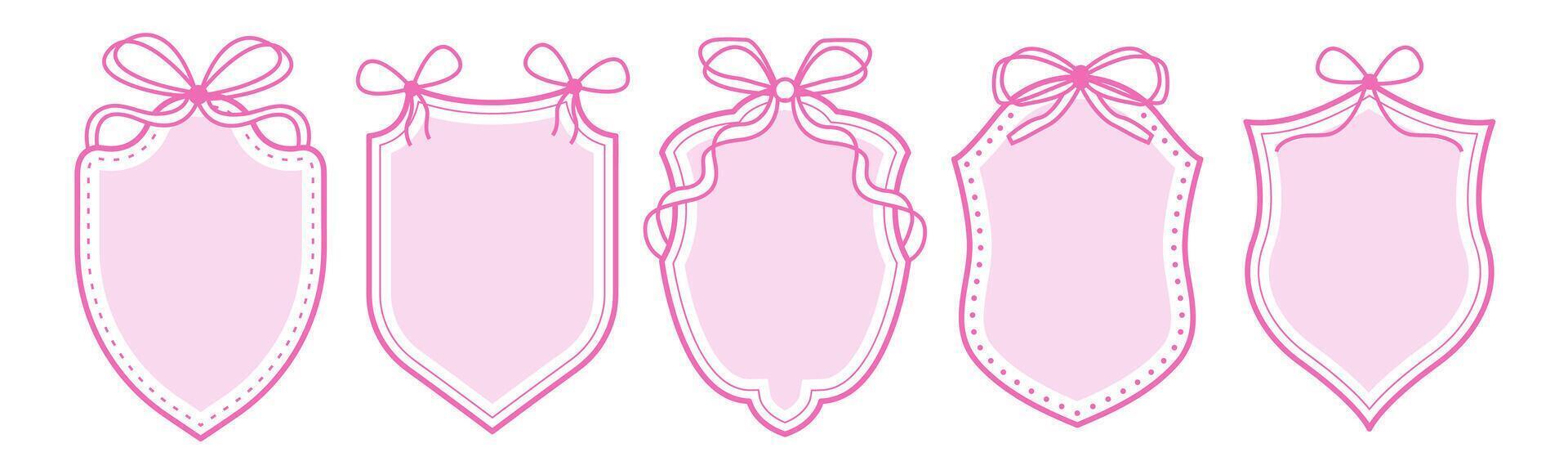 Set of vintage label and badges shape with bow. Protect shield security frame. Elegant coquette borders vector
