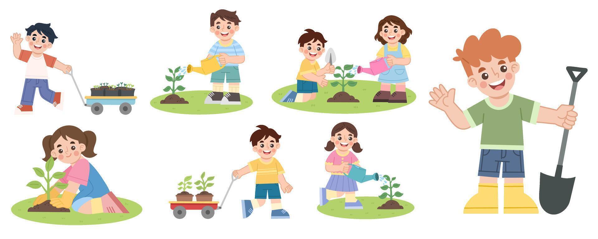 Illustration set of happy children gardening vector
