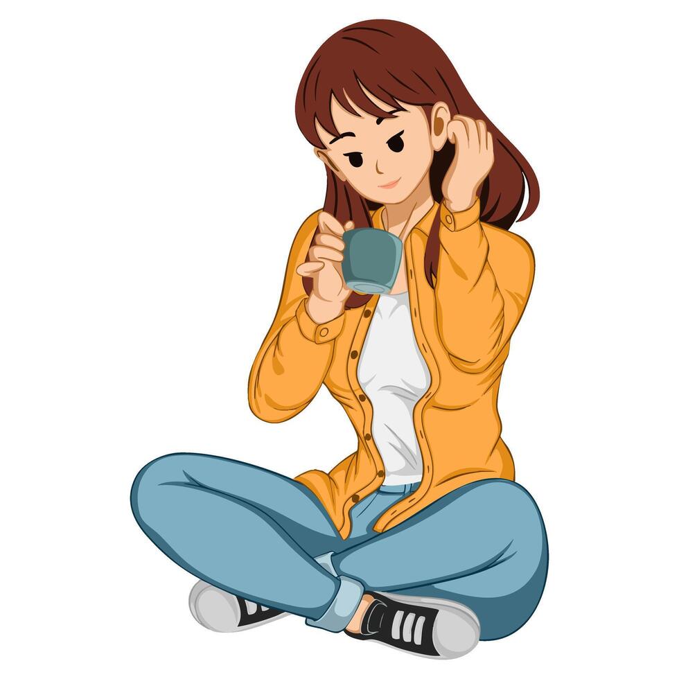 Illustration of a woman sitting enjoying a cup of drink vector