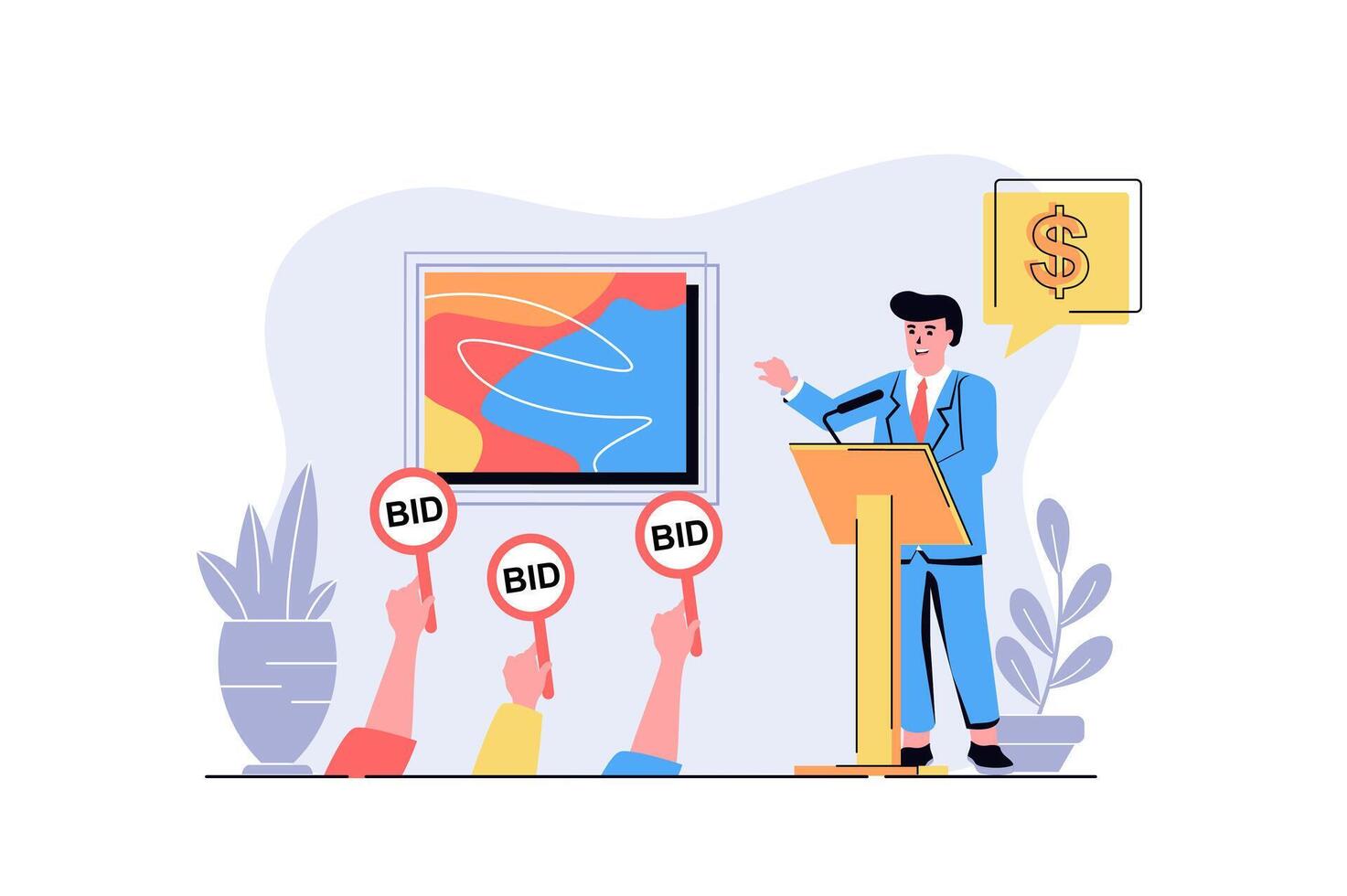 Auction web concept with cartoon people design. Auctioneer selling painting, byers bidding and buying, collectors investment money in artworks. Flat illustration isolated on white background. vector