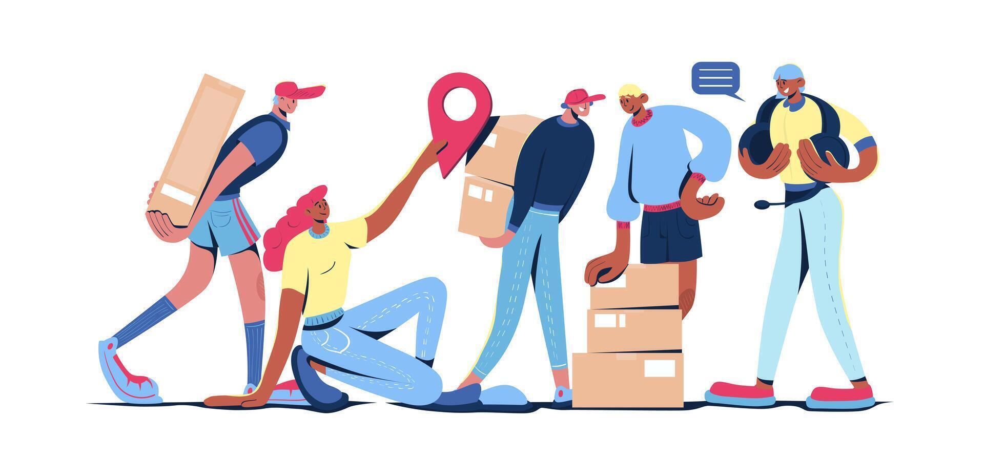 International logistics concept in cartoon web design. People work in worldwide delivery company, courier service, load boxes, shipping parcels. Flat illustration isolated on white background. vector