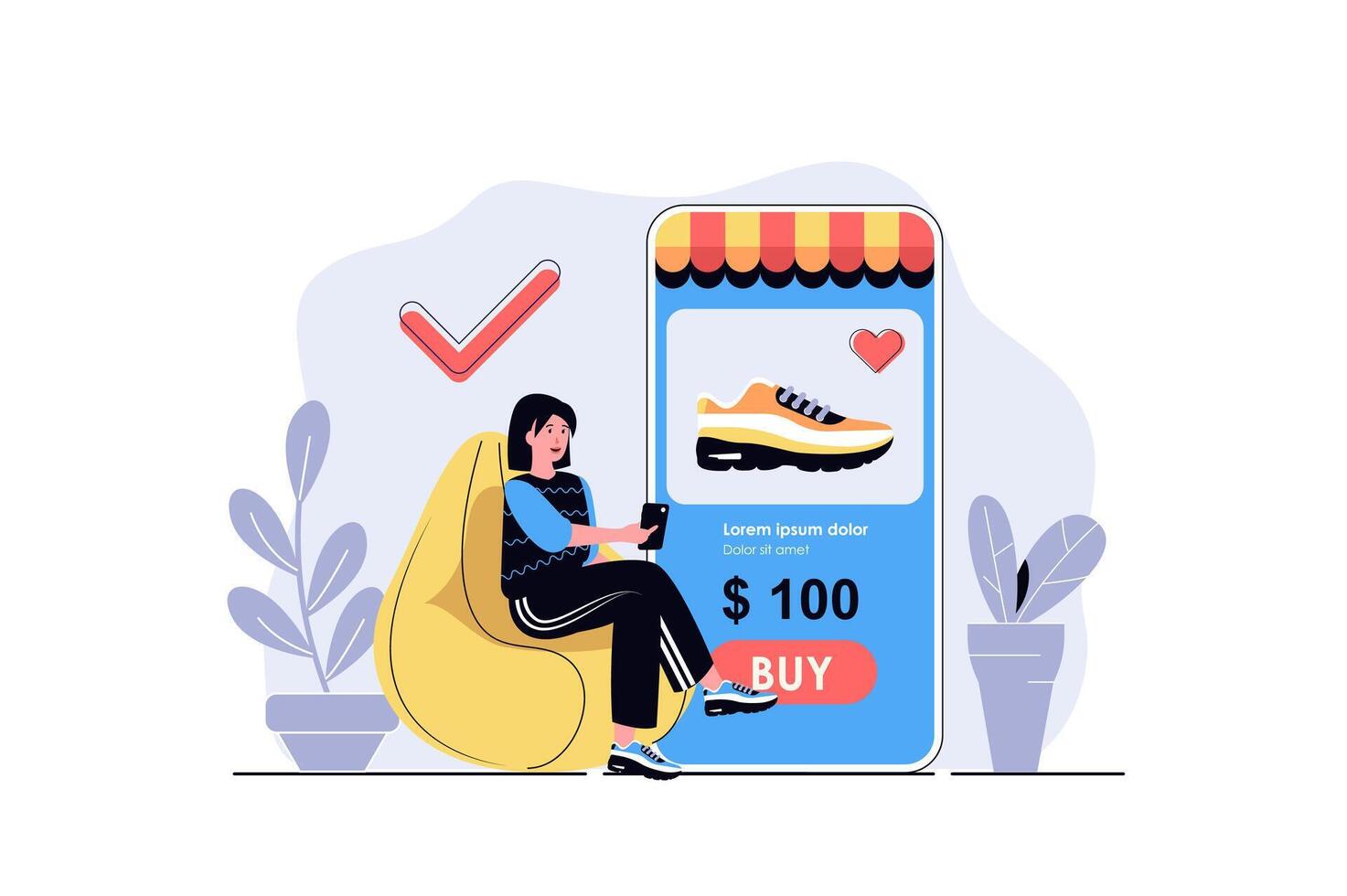 Online shopping web concept with cartoon people design. Woman choosing new shoes, making purchases at discount prices, ordering goods in app. Flat illustration isolated on white background. vector