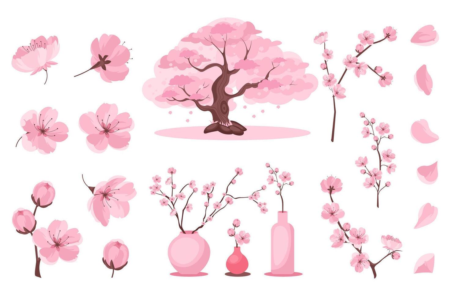 Sakura blossom set in flat cartoon design. Collection graphic elements with soft pink flower heads, petals, buds on branches, blooming cherry tree, springtime bouquets in vases. illustration. vector