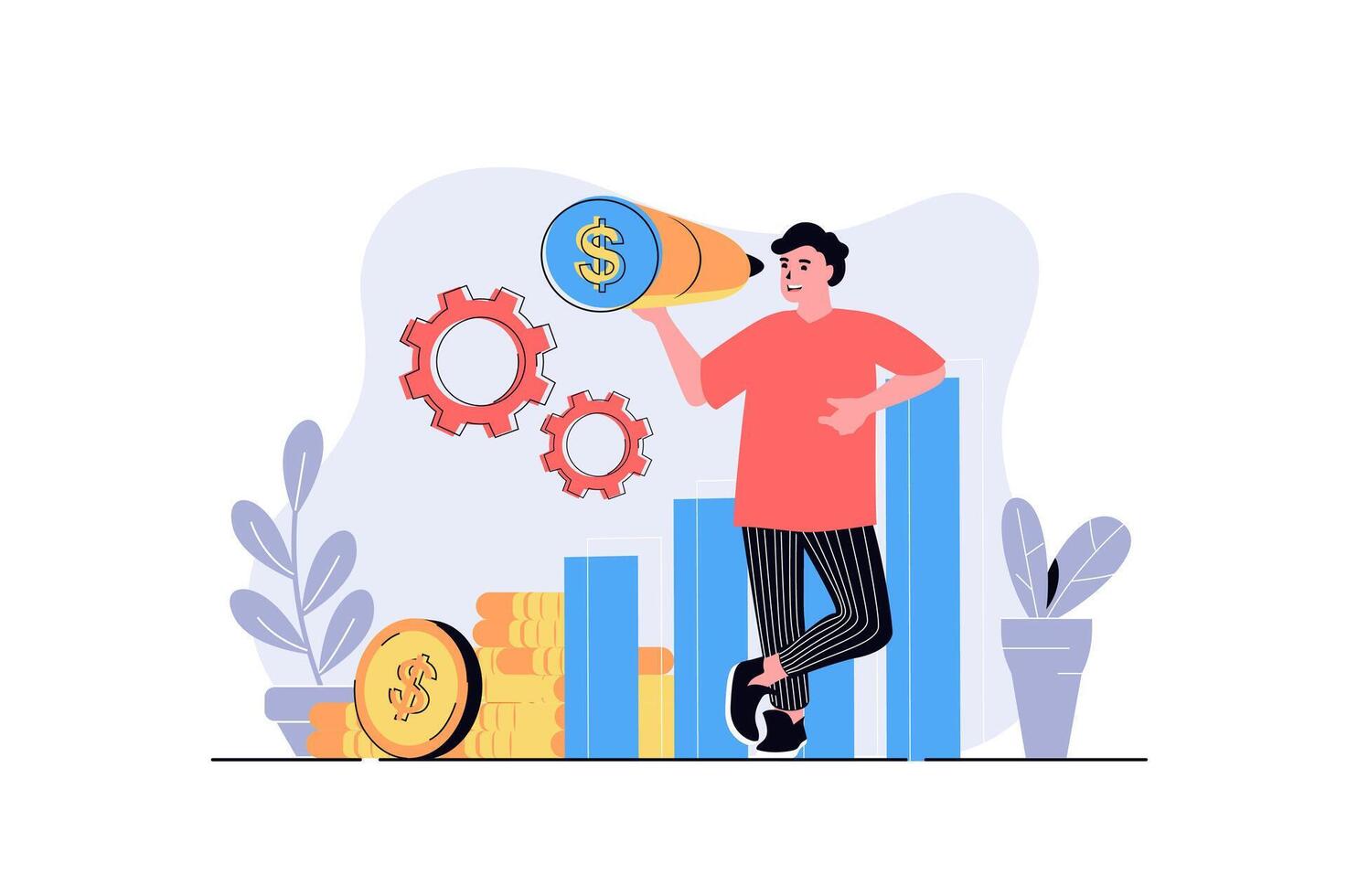 Business vision web concept with cartoon people design. Businessman looking telescope, finding new opportunities for career growth and earning. Flat illustration isolated on white background. vector