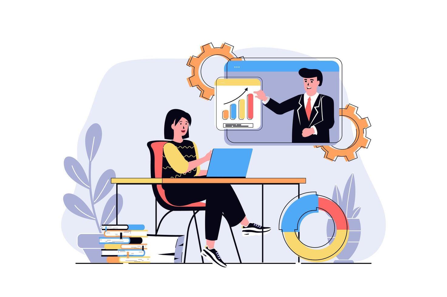 Business webinar web concept with cartoon people design. Woman learning at online training with business coach with data analysis seminar. Flat illustration isolated on white background. vector
