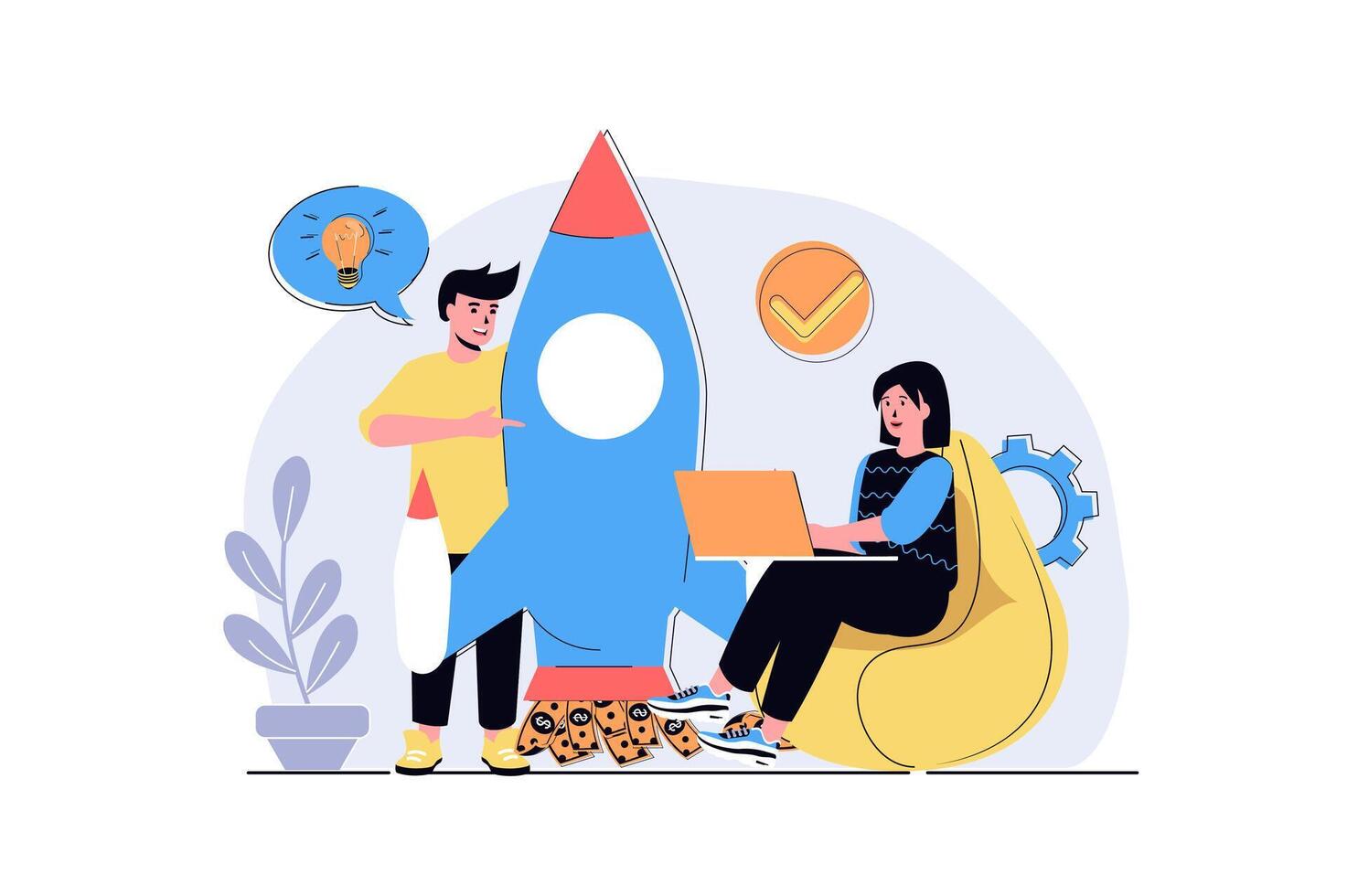 Business startup web concept with cartoon people design. Man and woman launching new business, investing money, develop success project together. Flat illustration isolated on white background. vector