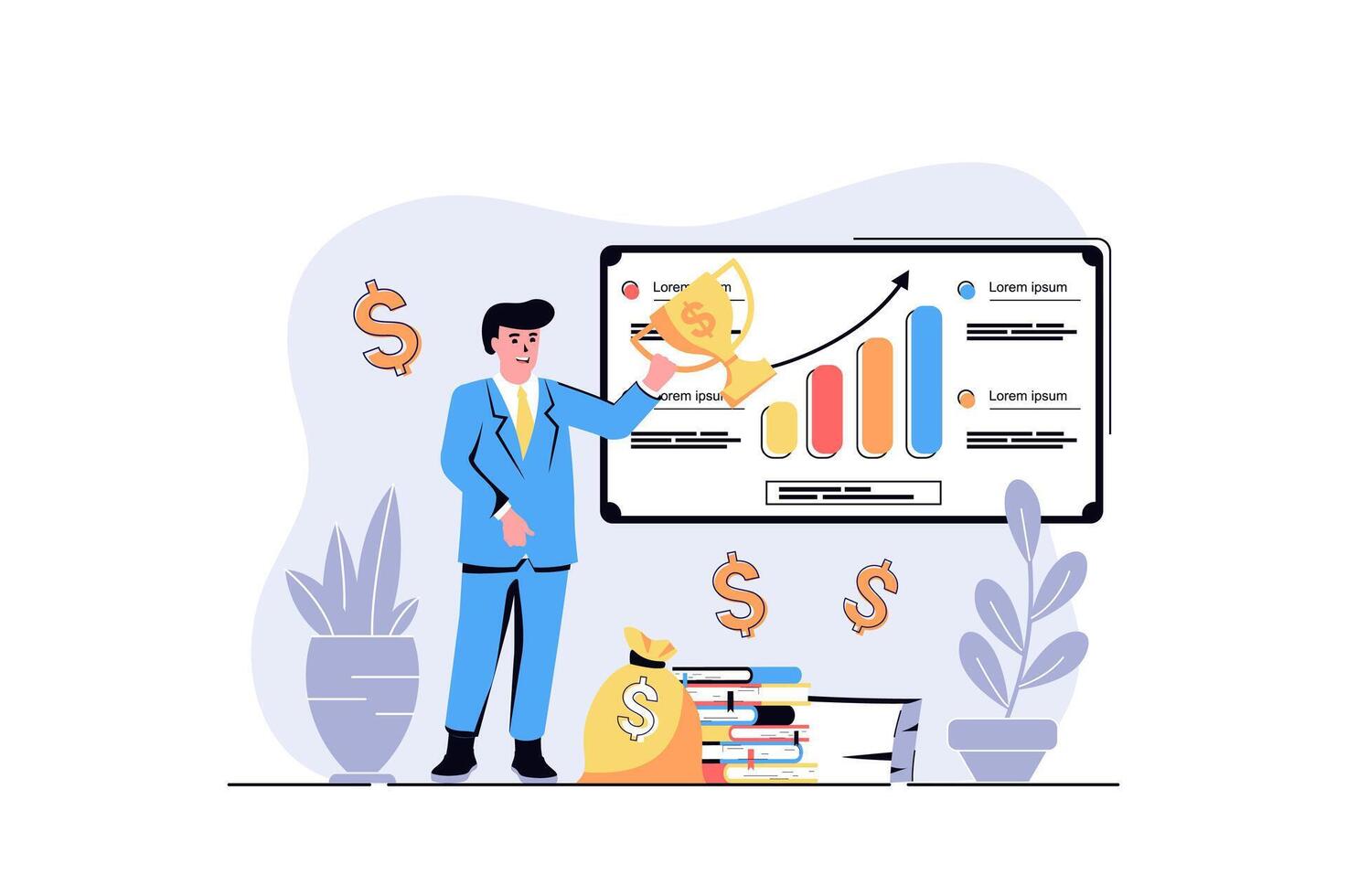 Business award web concept with cartoon people design. Man celebrating victory with trophy cup, achieving financial growth and earning money. Flat illustration isolated on white background. vector