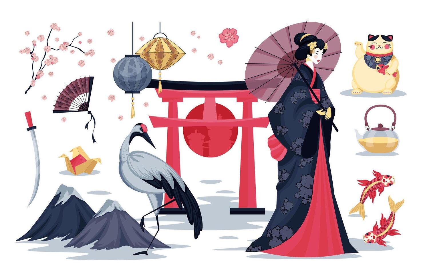 Japan culture set in flat cartoon design. Collection graphic elements with sakura branch, paper lantern, geisha in kimono, pagoda gate, mountains, origami, katana, tea, other. illustration. vector