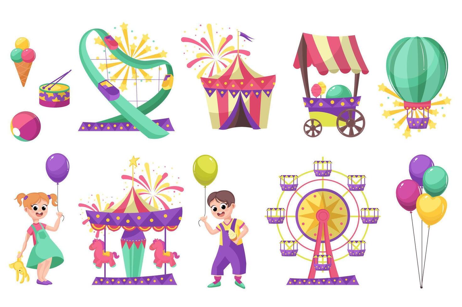 Amusement park set in flat cartoon design. Collection graphic elements with circus, roller coaster, hot air balloon, carousel, kiosk, girl, boy, attractions, ferris wheel, other. illustration. vector