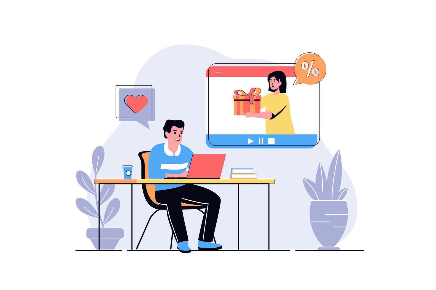 marketing web concept with cartoon people design. Man watching content, influencer advertising brand, offering gifts and discounts. Flat illustration isolated on white background. vector