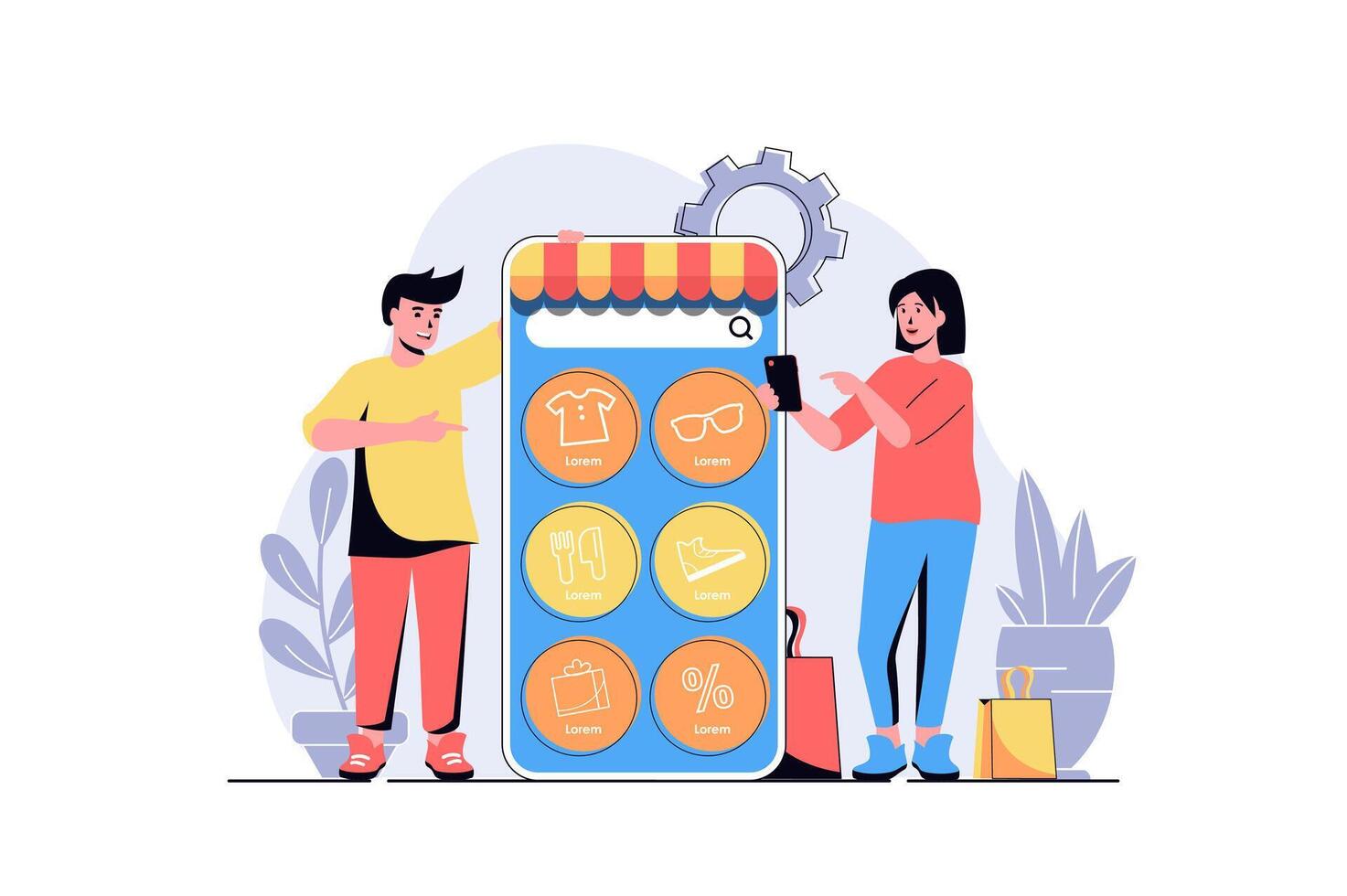 Mobile commerce web concept with cartoon people design. Woman and man making online purchases, ordering clothes, shoes or food at shop in app. Flat illustration isolated on white background. vector