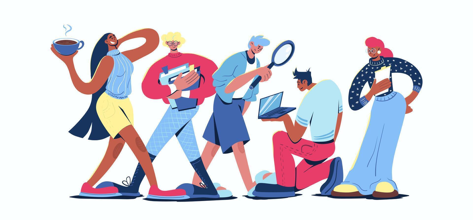 Time management concept in cartoon web design. People working in team with checklist, doing paperwork and tasks at laptop, taking coffee break. Flat illustration isolated on white background. vector