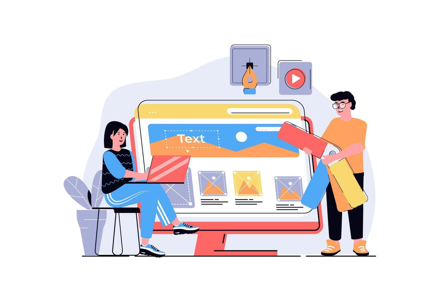 Web design concept with cartoon people design. Man and woman programming and creating site layout with content organization, elements placement. Flat illustration isolated on white background. vector