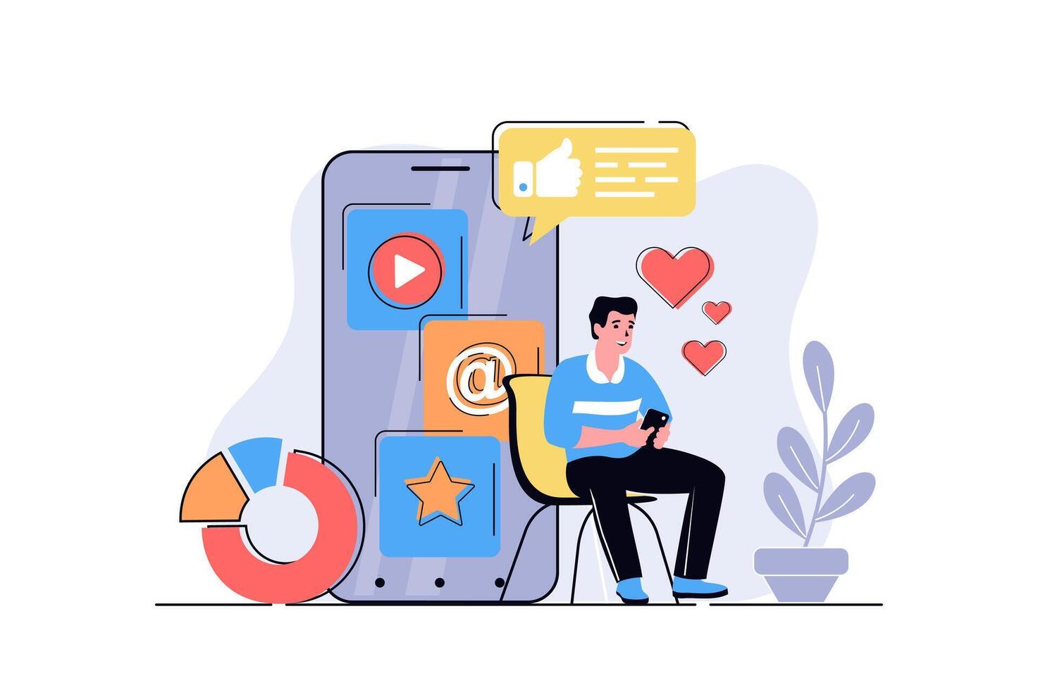 Social media marketing web concept with cartoon people design. Man making posts with online promotion, getting followers, analyzing statistics. Flat illustration isolated on white background. vector
