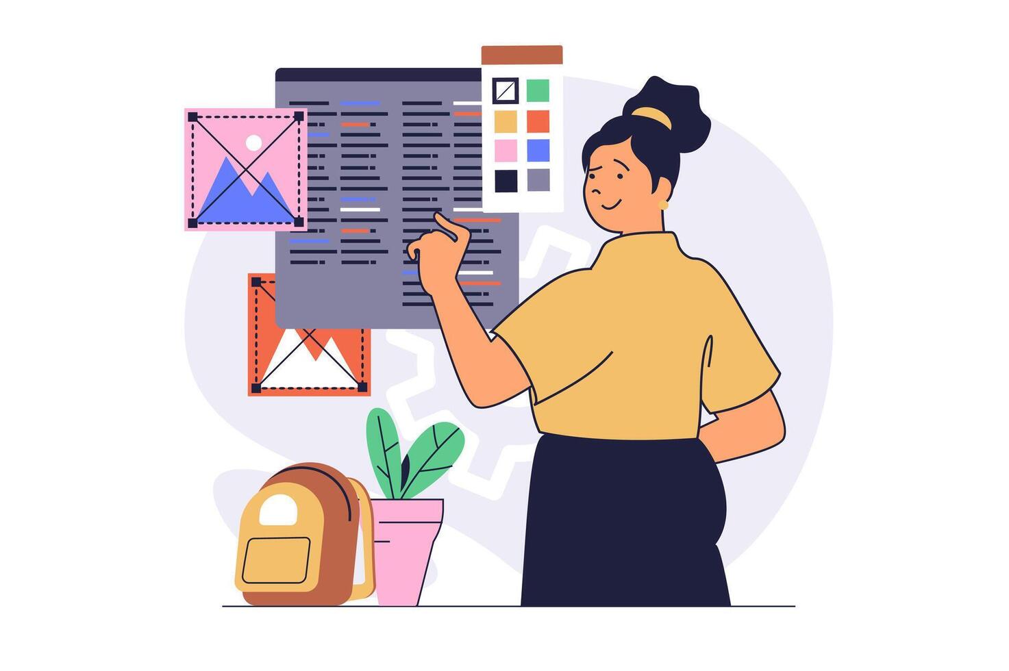Web development concept with cartoon people in flat design. Woman creating page interfaces, working with webpage layouts, choosing colors and content block placement at screen. illustration. vector