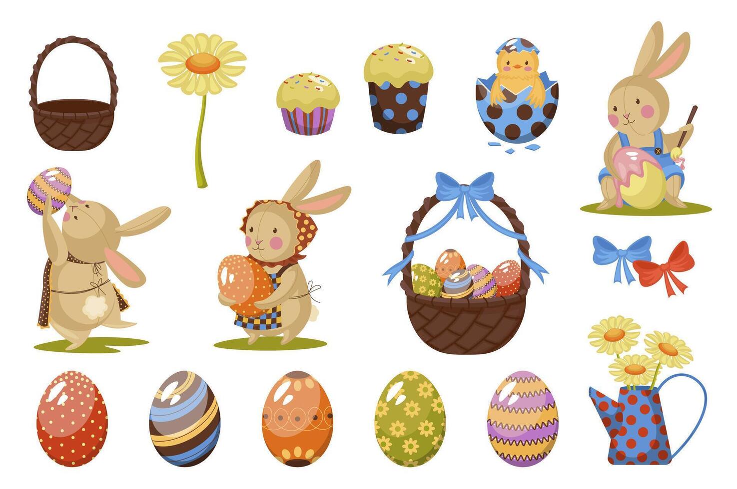 Happy Easter set in flat cartoon design. Collection graphic elements with cute bunny, eggs with holiday painting, baskets, daisy bouquets, christian cake and tradition symbols. illustration. vector