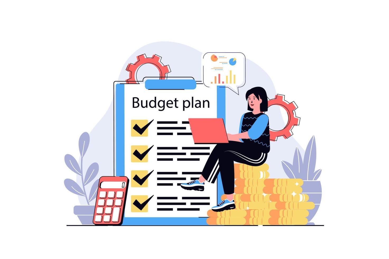 Planning financial budget web concept with cartoon people design. Woman calculating money, making financial analysis, planning with checklist. Flat illustration isolated on white background. vector