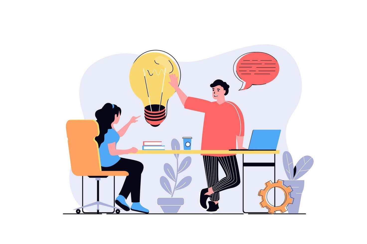 Brainstorming web concept with cartoon people design. Woman and man generating new ideas, finding solutions for developing business project. Flat illustration isolated on white background. vector