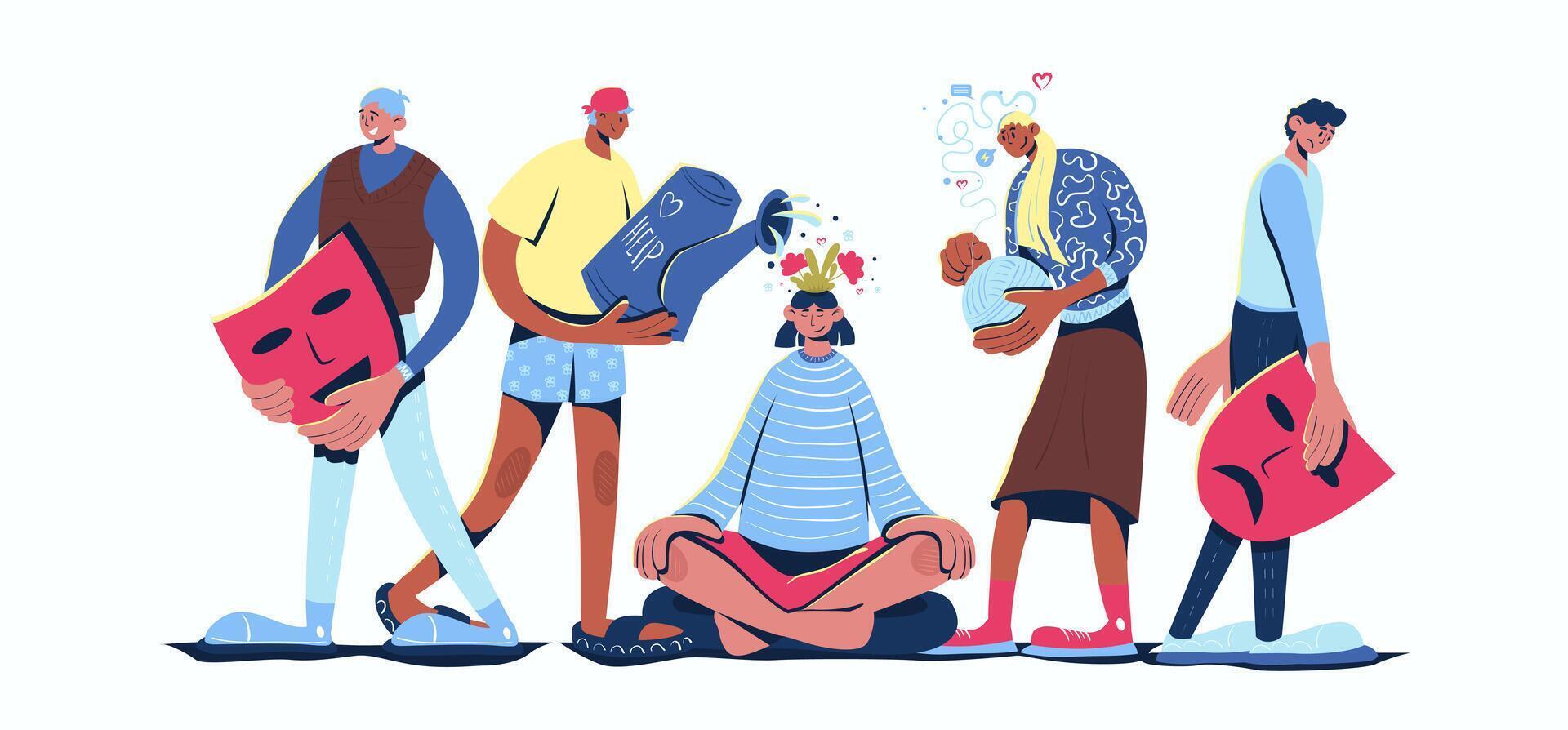 Mental health concept in cartoon web design. People taking care emotions and feelings, healing depression and anxiety problem with psychotherapy. Flat illustration isolated on white background. vector