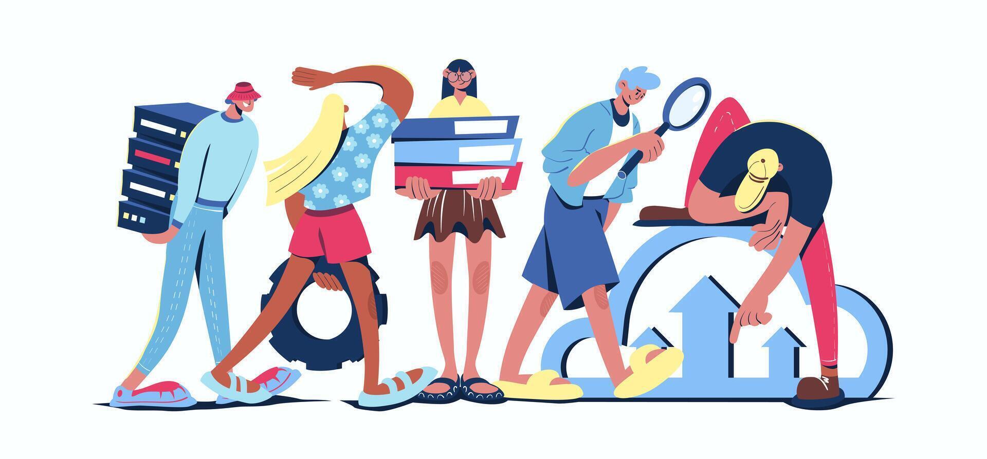 Cloud data center concept in cartoon web design. People administering cloud storage hardware and software, maintenance database infrastructure. Flat illustration isolated on white background. vector