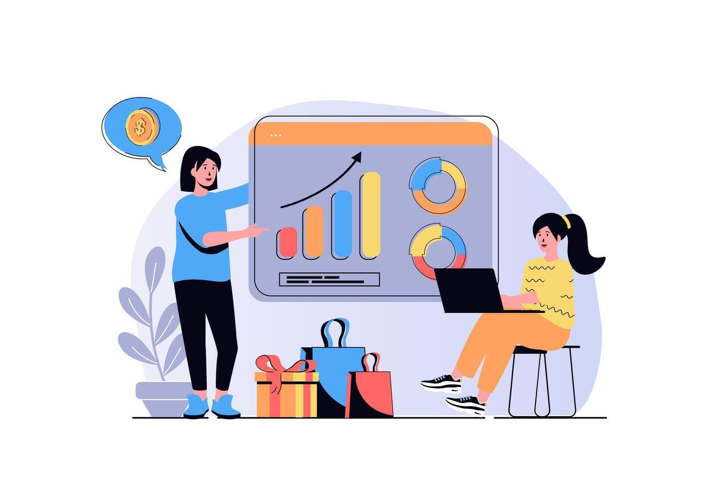 Sales performance web concept with cartoon people design. Women making financial graph analysis, work with business statistics presentation. Flat illustration isolated on white background. vector