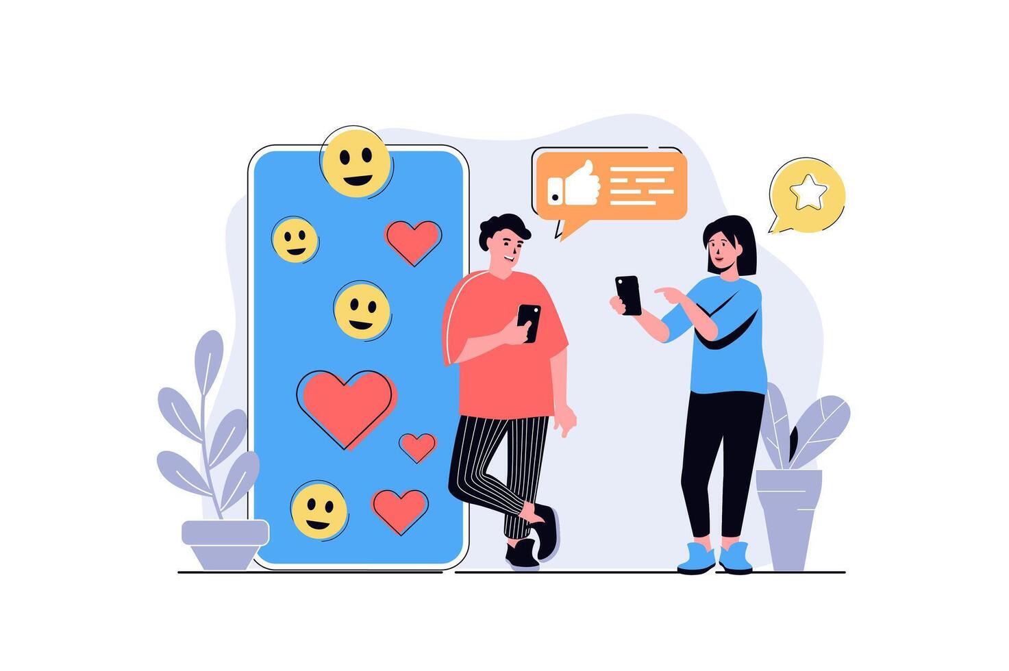 Social network web concept with cartoon people design. Woman and man writing messages in dating app, chatting online, posts and likes in app. Flat illustration isolated on white background. vector