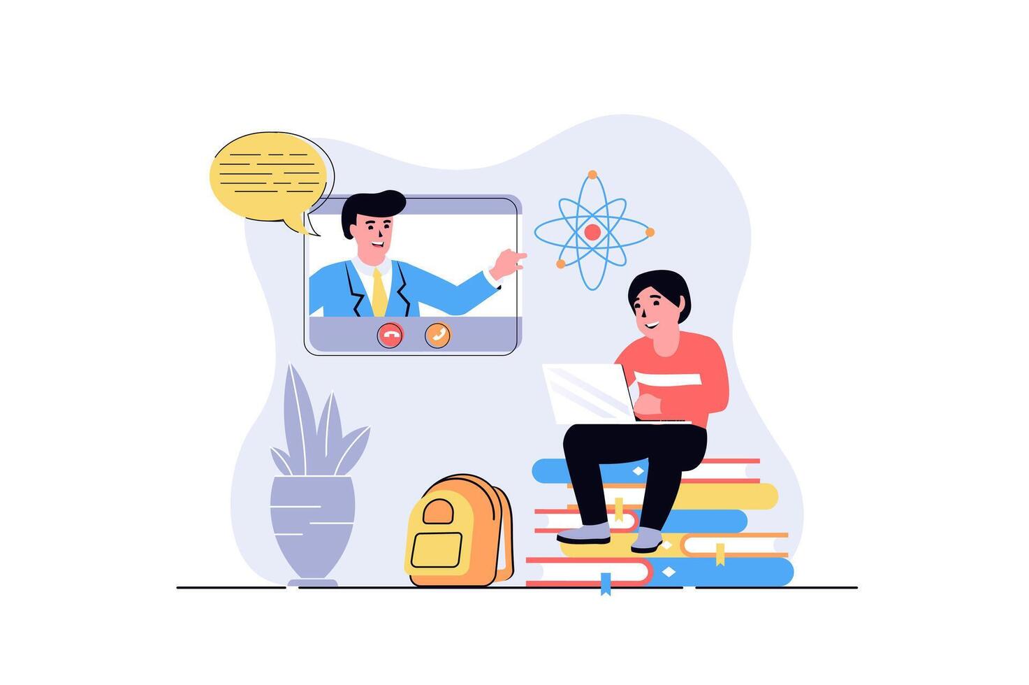 Children learn on computers web concept with cartoon people design. Boy studying online using laptop and watching lessons with teacher. Flat illustration isolated on white background. vector
