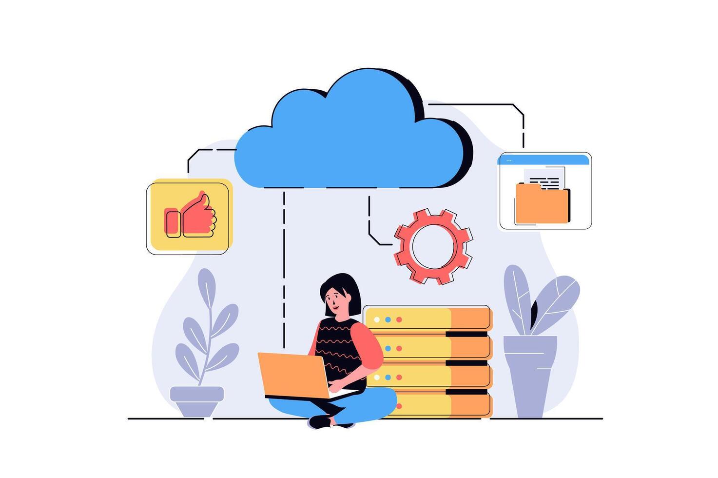 Cloud computing web concept with cartoon people design. Woman processing information and files at laptops using cloud storage and data backup. Flat illustration isolated on white background. vector