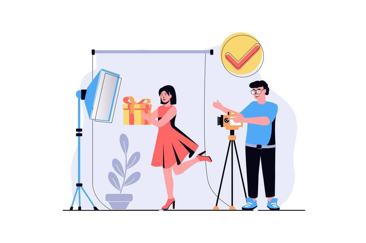 Photo studio web concept with cartoon people design. Woman posing with gifts for professional shooting, man photographing model under spotlights. Flat illustration isolated on white background. vector