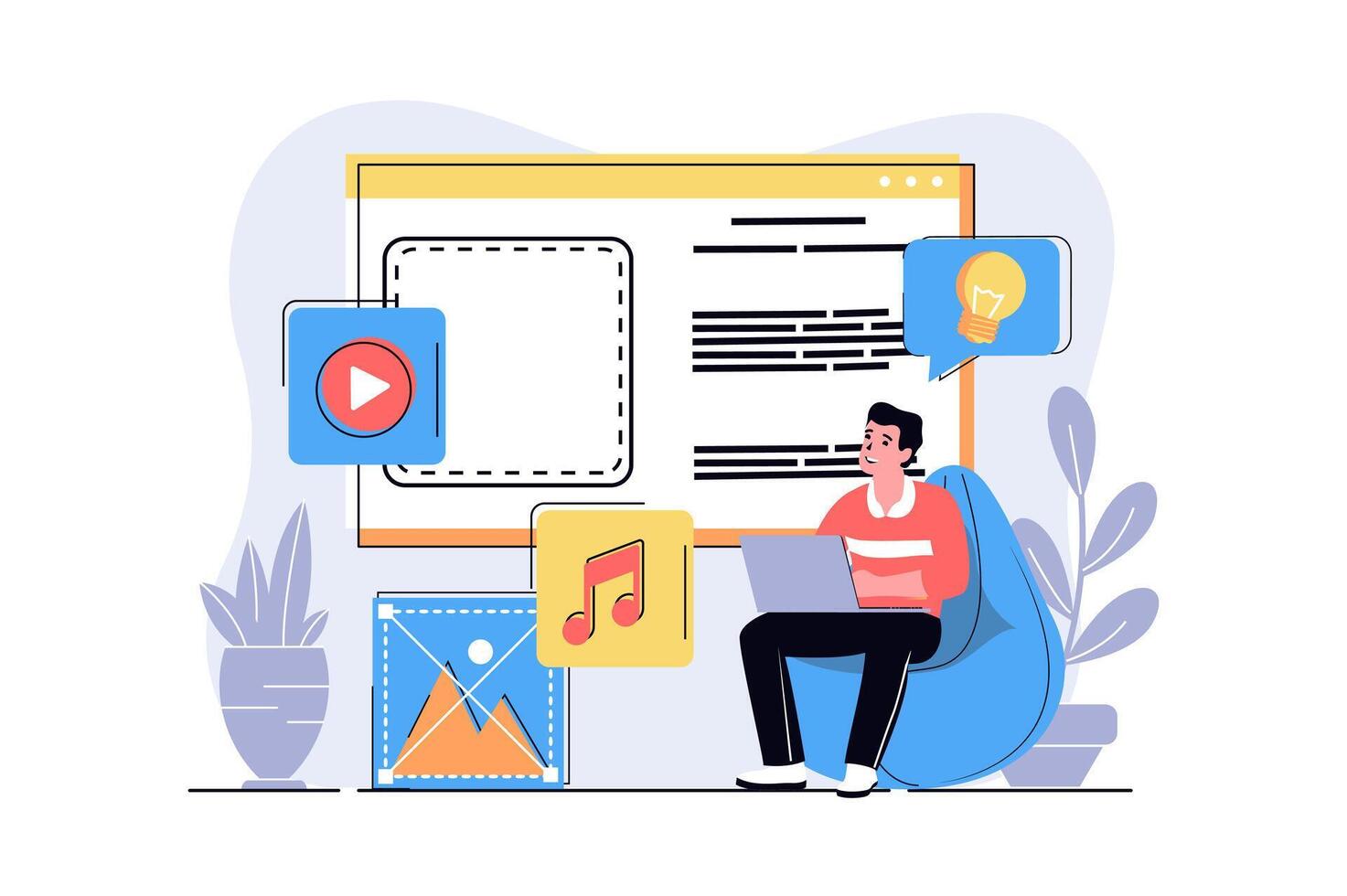 Content manager web concept with cartoon people design. Man creating and audio content for filling site, finding new ideas for publication. Flat illustration isolated on white background. vector