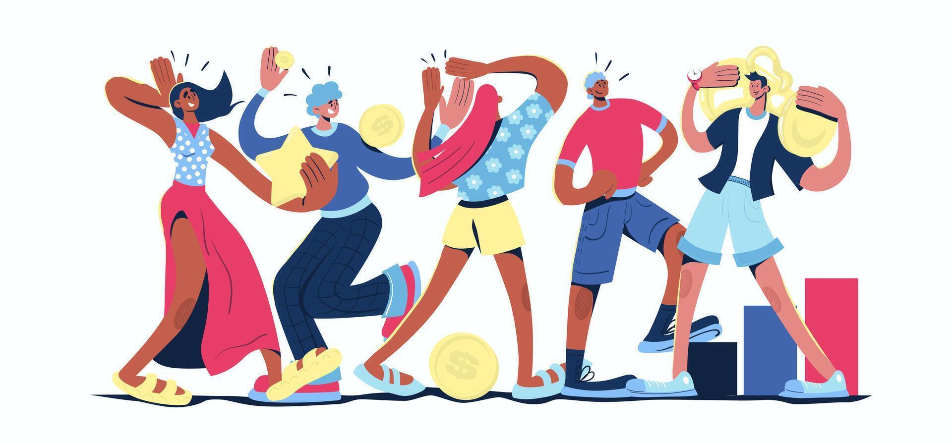 Business award concept in cartoon web design. People work in team, achieving success, celebrating victory with gold cup, stars and money reward. Flat illustration isolated on white background. vector