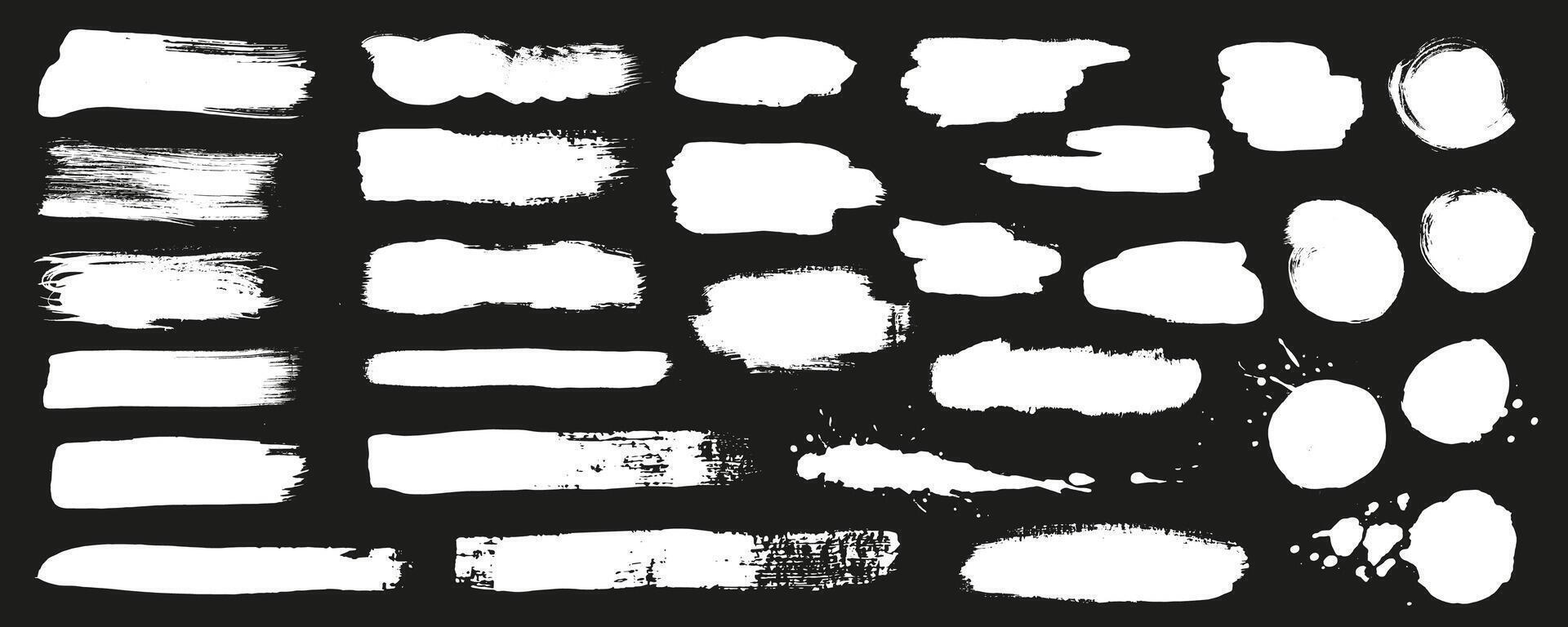 White ink stains mega set in flat graphic design. Collection elements of abstract grunge paint shapes with torn borders, messy watercolor stroke paints, rough paintbrush texture. illustration. vector