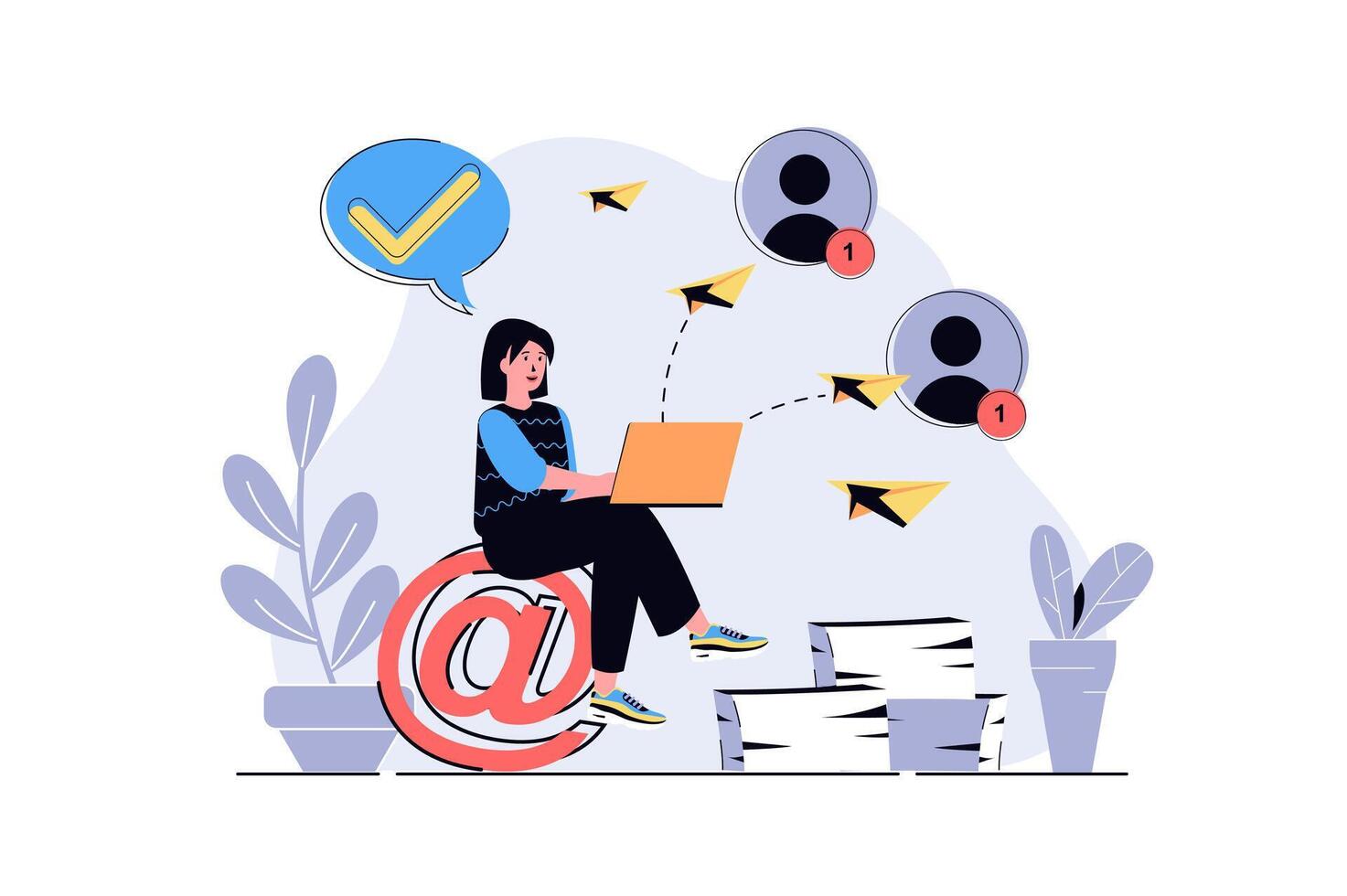 Email service web concept with cartoon people design. Woman sends business letters and messages with announcement, chatting online with friends. Flat illustration isolated on white background. vector