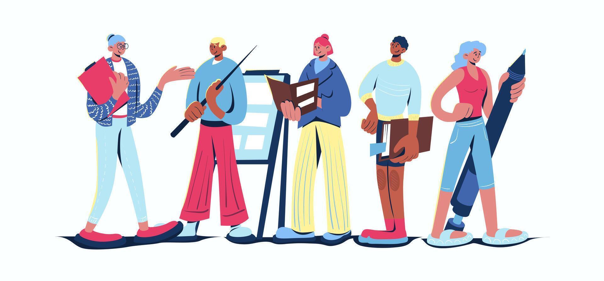 School staff concept in cartoon web design. People working as teachers together, explaining lessons by blackboards, filling class journals. Flat illustration isolated on white background. vector