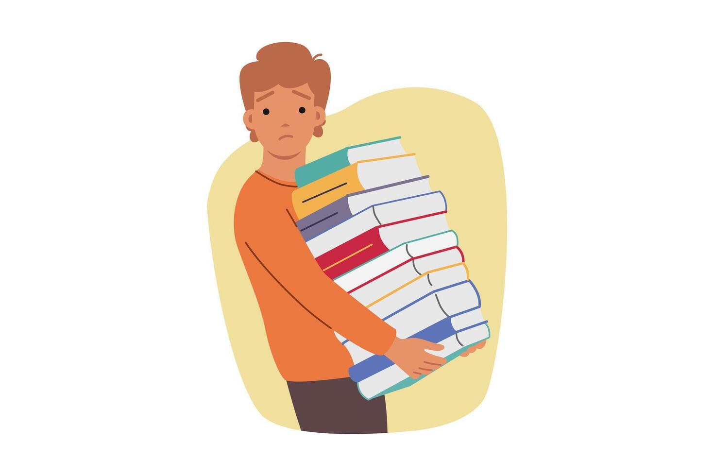 Upset boy holding stack of books assigned by teacher from primary school, for concept of overload vector