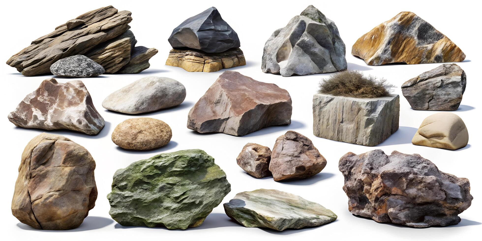Rocks Stones and Boulders of Various Sizes and Textures Isolated on White Background photo