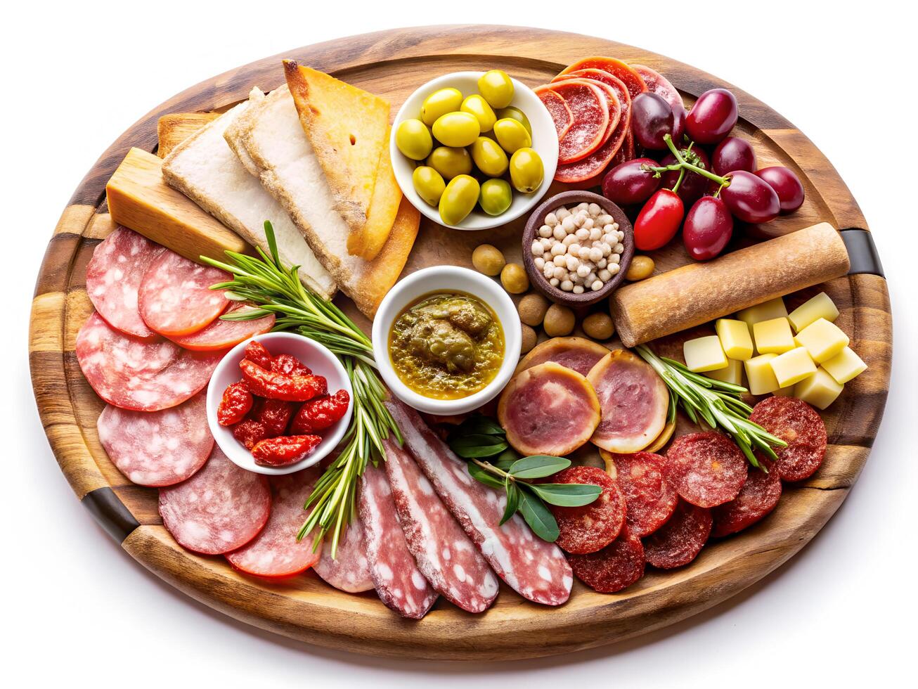 Wooden charcuterie board with assorted cured meats, cheese wedges, olives, and pickles on white background photo