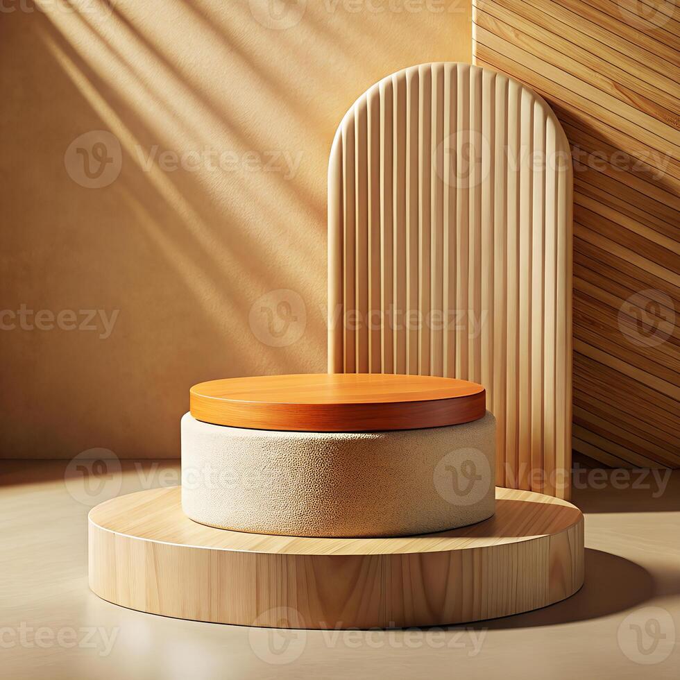 Wooden Product Display Podium with Circular Platform and Arched Backdrop photo