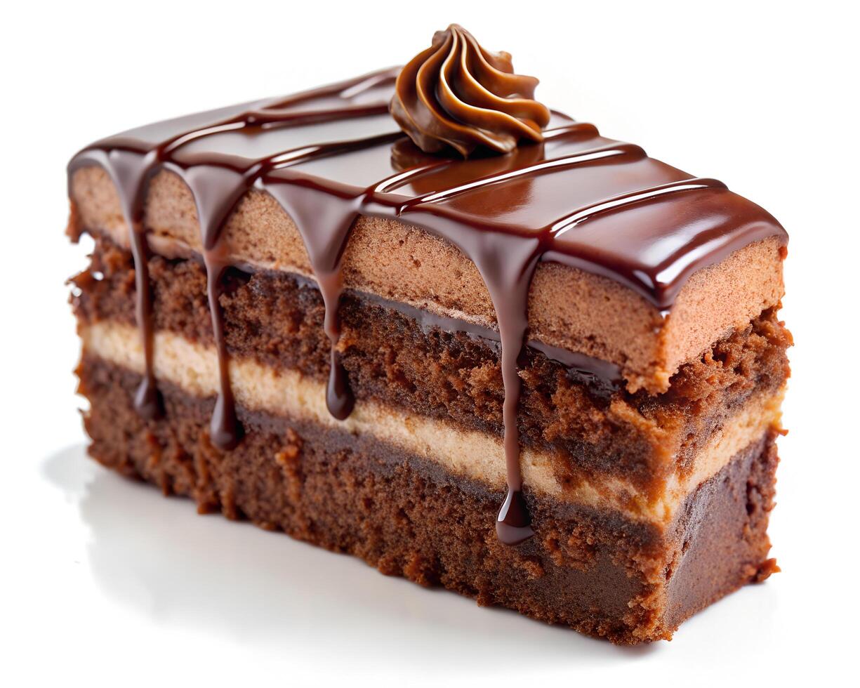 Decadent Chocolate Cake Slice with Rich Mousse and Glossy Ganache on White Background photo