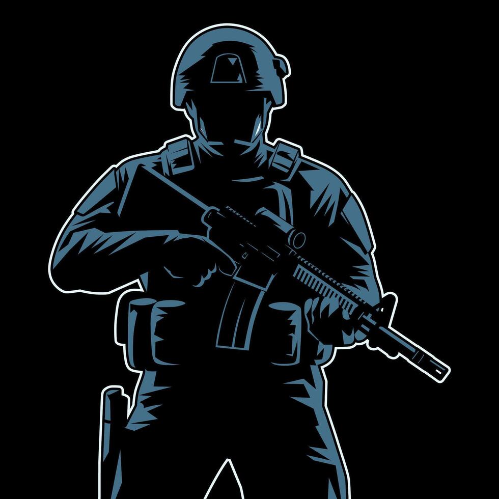 Tactical soldier illustration in full equipment, highlighting action and defense vector