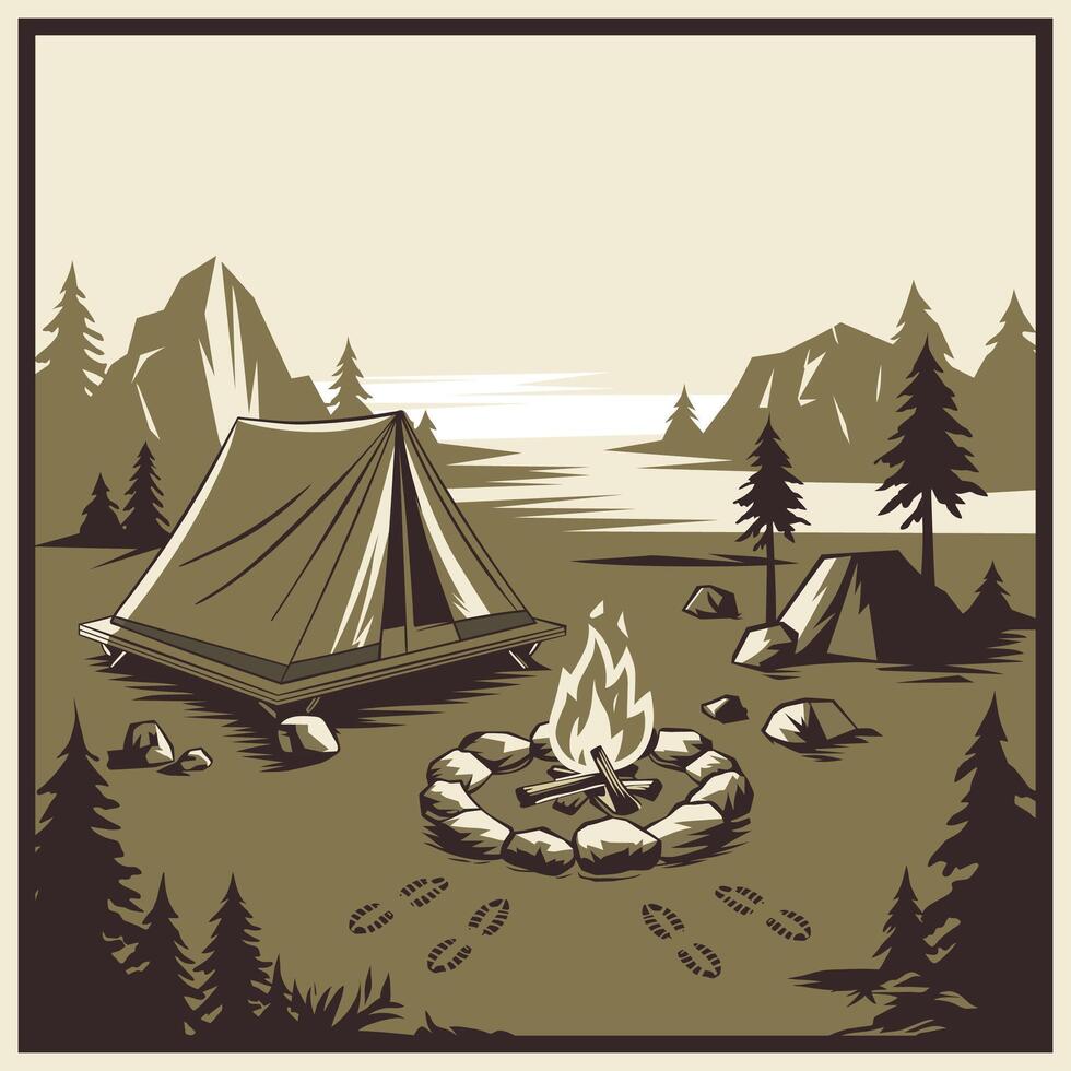 Peaceful camping scene showcasing a tent, campfire, and forest backdrop vector