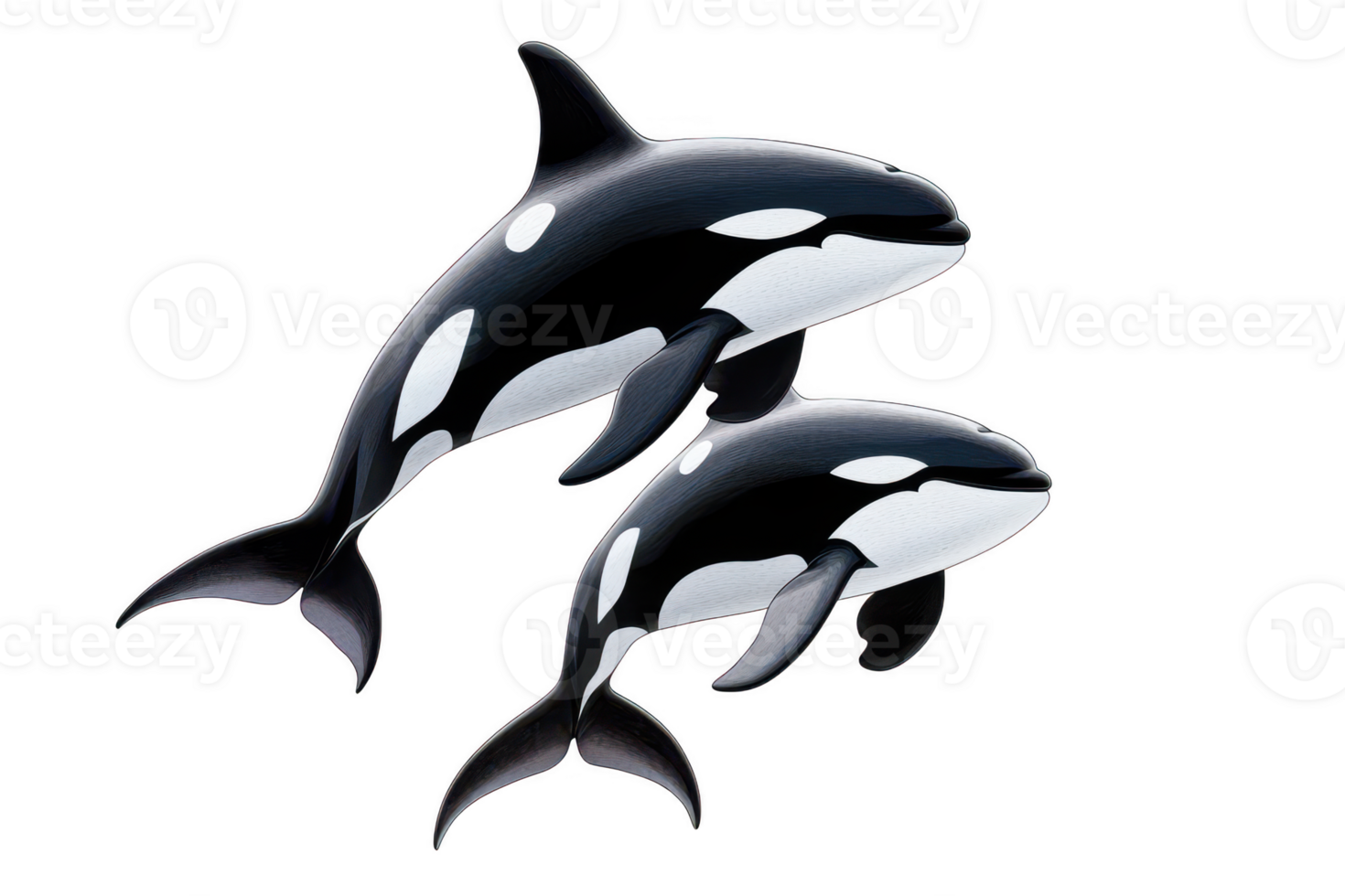 An Orcas swimming together, showcasing their striking black and white patterns. These intelligent marine mammals are known for their social behavior and strong family bonds png