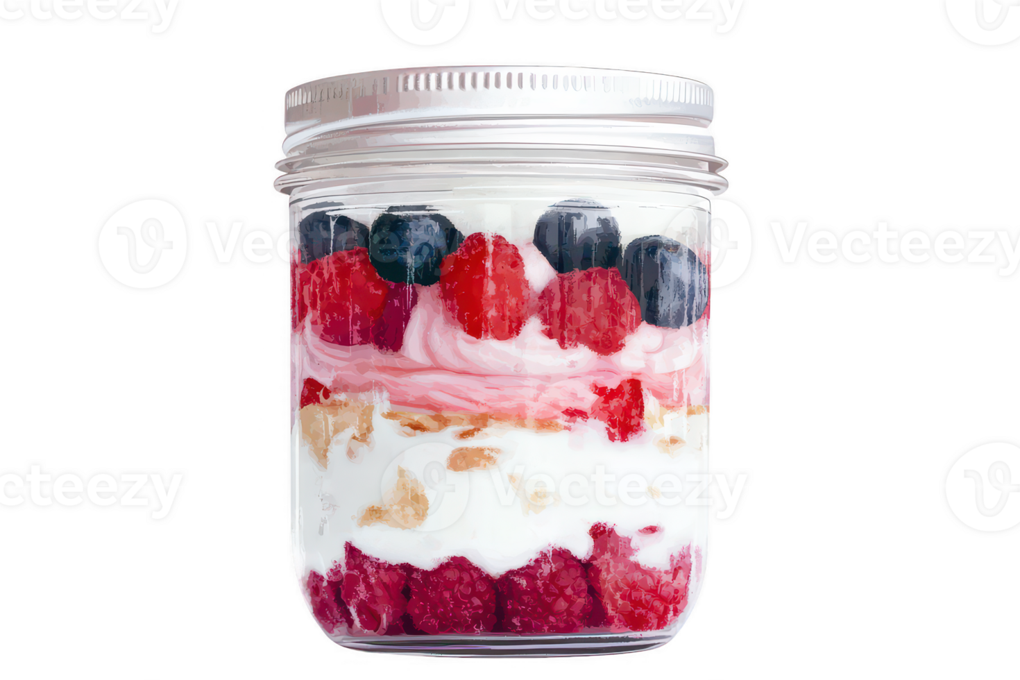 A Delicious layered dessert in jar featuring yogurt, granola, and fresh berries, creating vibrant and healthy treat. Perfect for breakfast or snack png