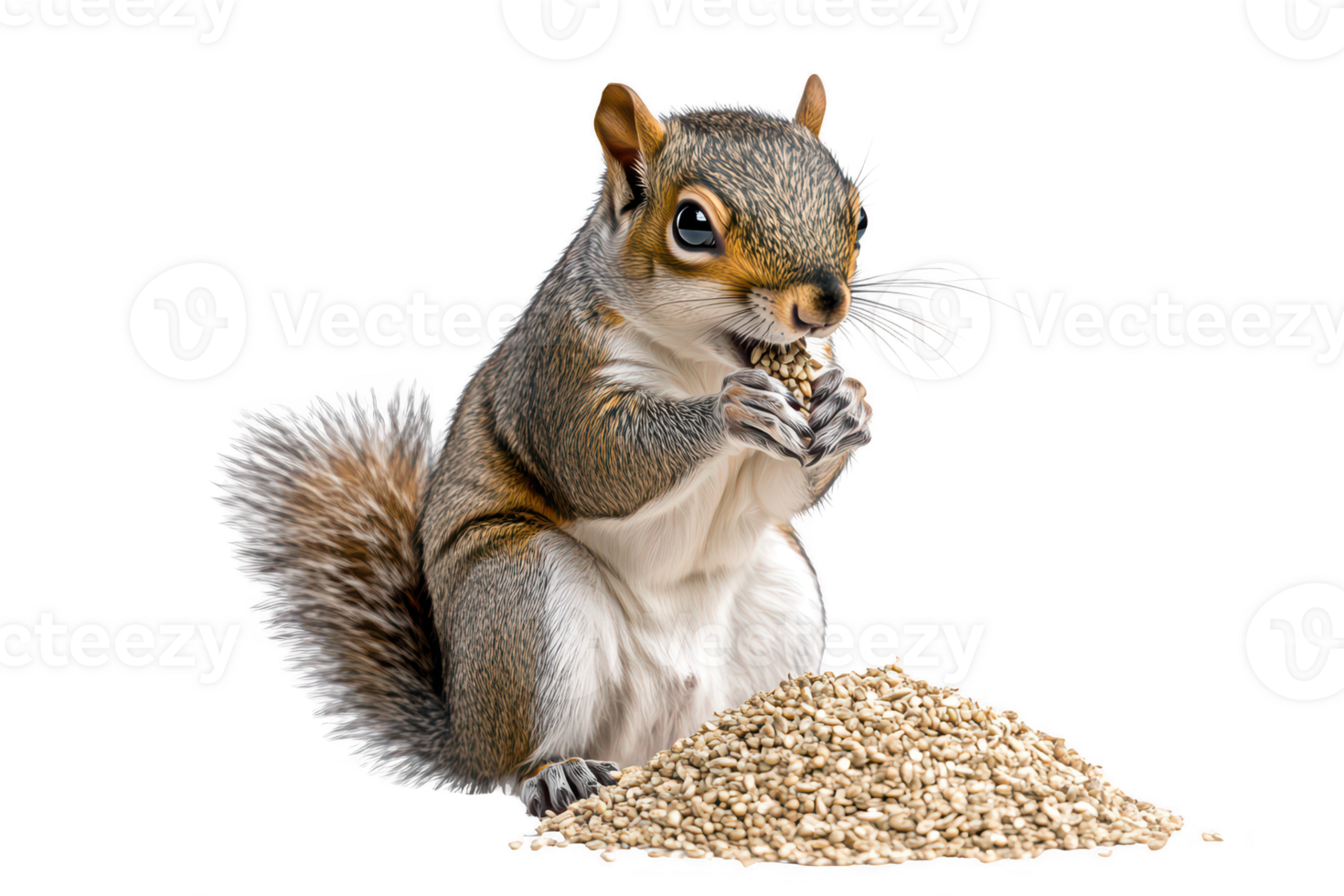 A cute squirrel is sitting and holding seed, surrounded by pile of seeds. furry animal has bushy tail and curious expression, showcasing its playful nature png